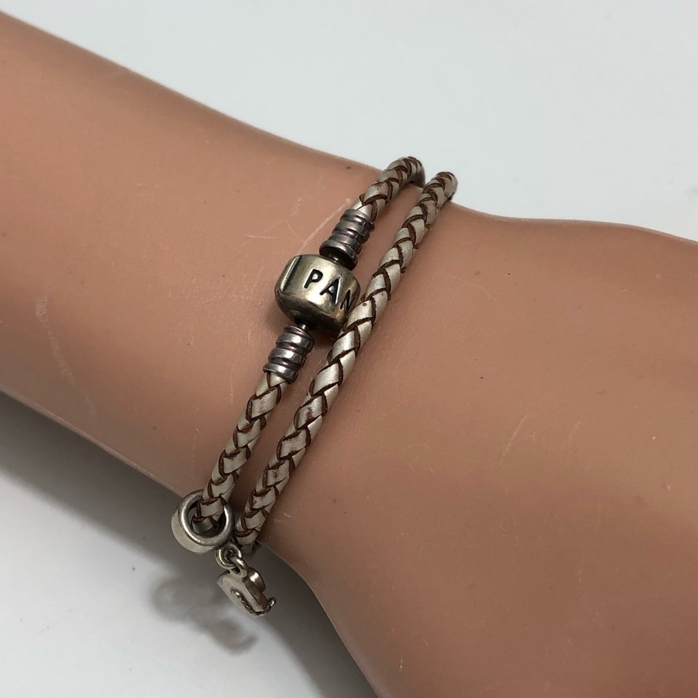 PANDORA 925 Sterling Silver Double Woven Champagne Leather Bracelet Sz 6.5